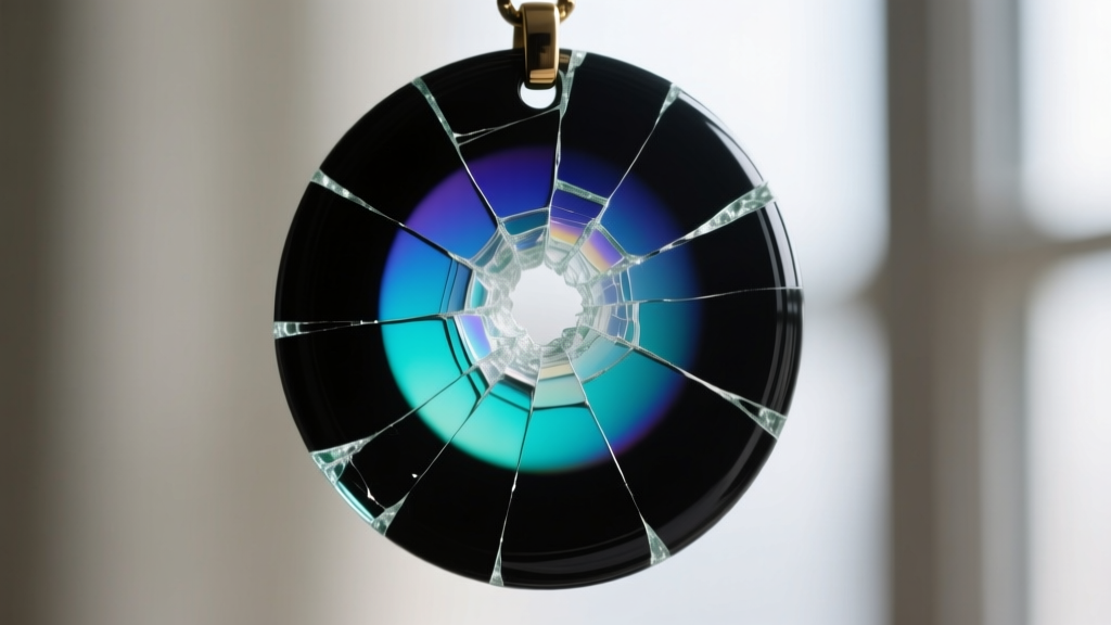 Macro shot of a cracked glass mood pendant revealing the layered thermochromic liquid crystal sheet and dark backing inside.