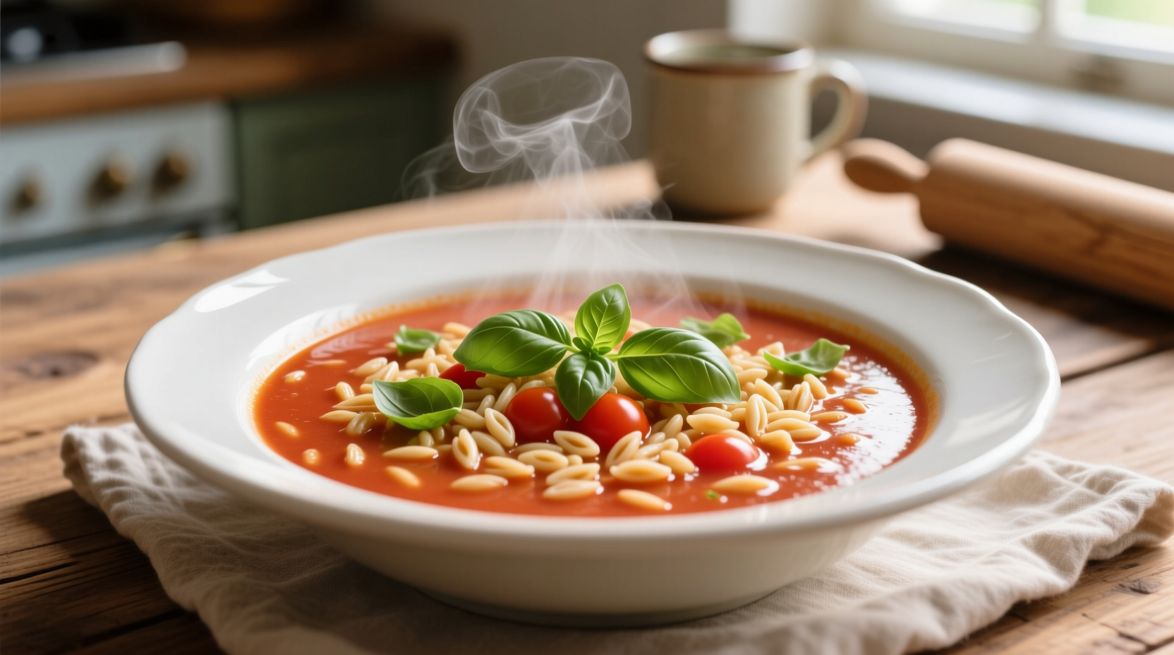 Creamy tomato orzo soup in white bowl with basil garnish