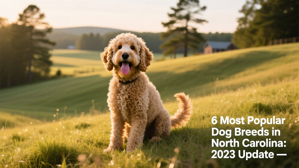 A friendly, curly-coated Goldendoodle sitting on a grassy hill, tongue out and tail wagging