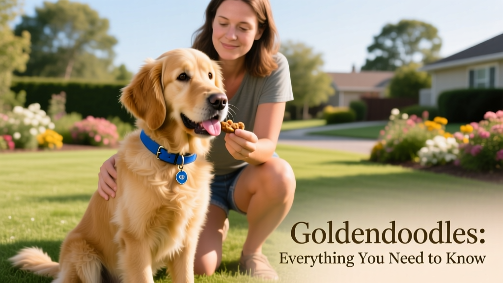 A young Goldendoodle sitting attentively beside its owner during an outdoor training session, wearing a blue collar and holding a treat in its mouth