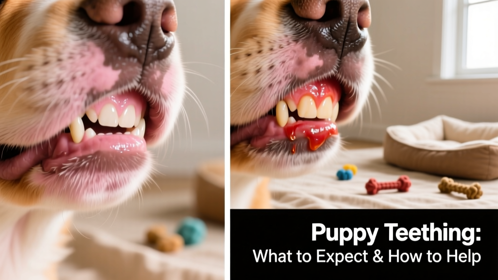 Side-by-side comparison showing healthy pink puppy gums next to mildly inflamed, reddened gums during teething