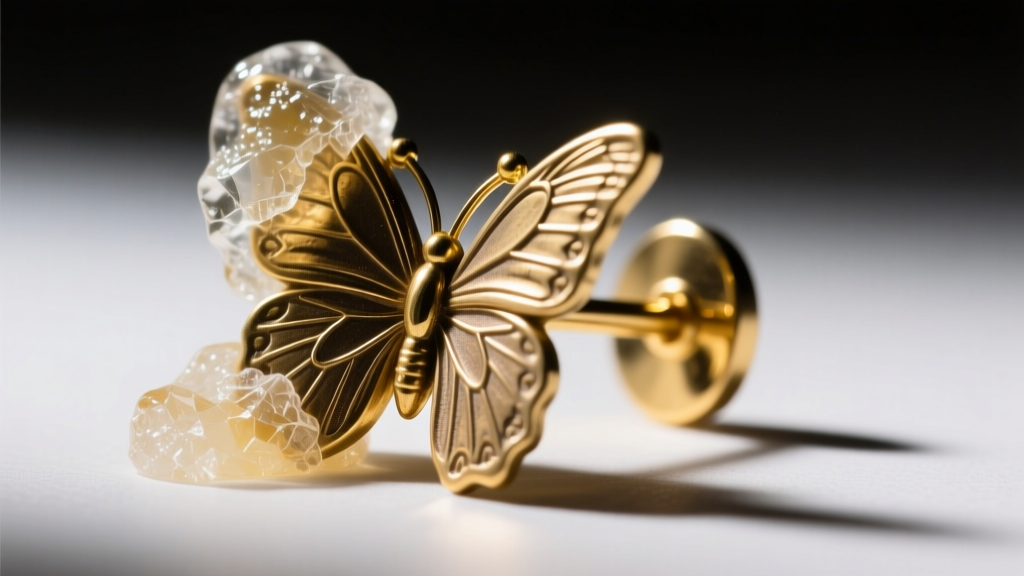 Macro shot of a stuck brass butterfly earring back with dried soap residue on a 20-gauge gold post, harsh directional lighting