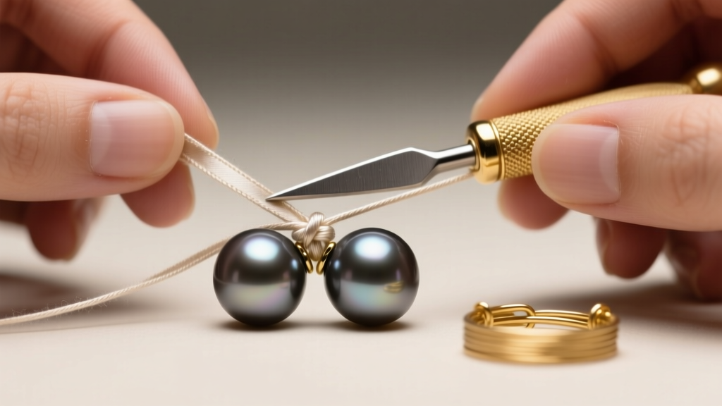 Hands knotting fine silk thread between dark grey Tahitian pearls using a metal awl, with French wire visible near the gold clasp.