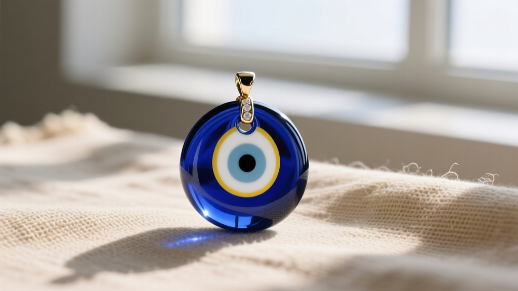 Close-up of a classic cobalt blue glass evil eye pendant with white and yellow concentric circles, resting on textured beige linen.