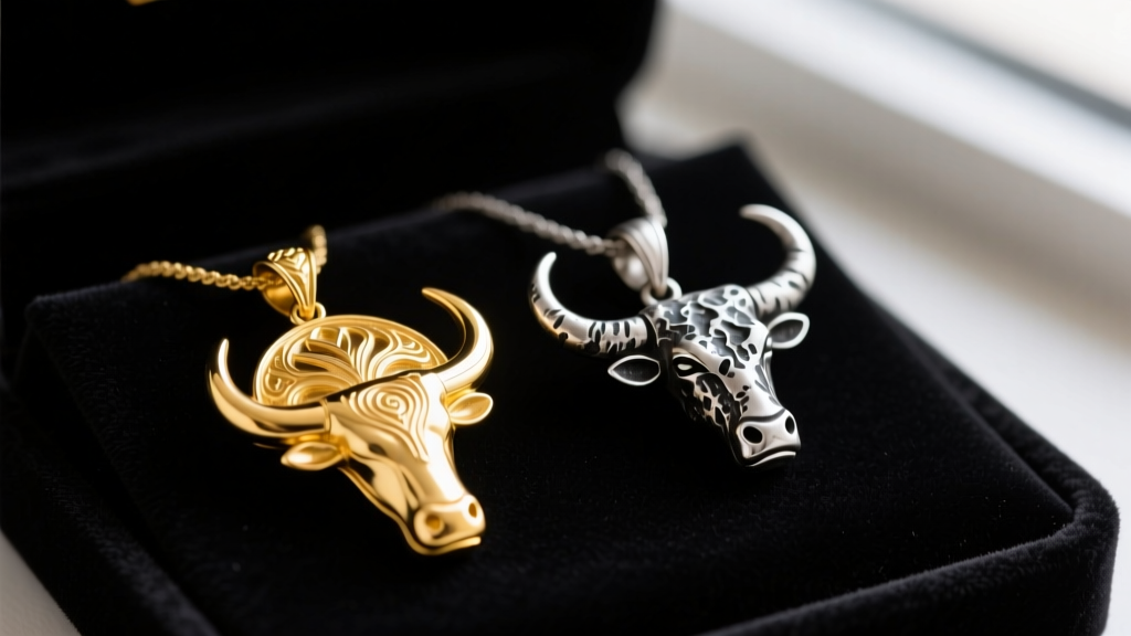 Macro shot of yellow gold vermeil and oxidized silver Texas Longhorn pendants side-by-side on a dark velvet jewelry display pad.