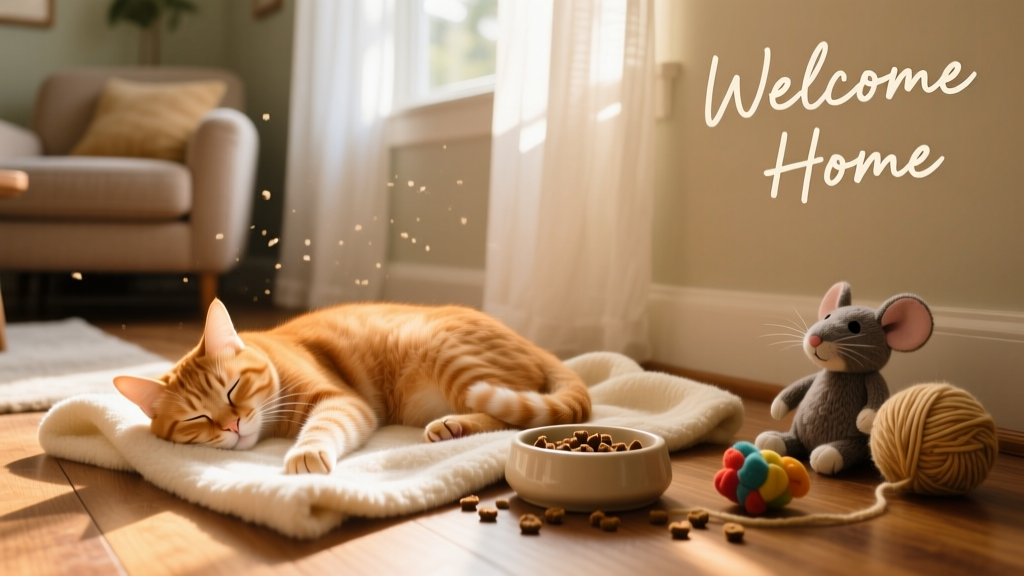 A cozy, sunlit living room where a newly adopted cat naps peacefully on a soft blanket beside familiar toys and a small food bowl