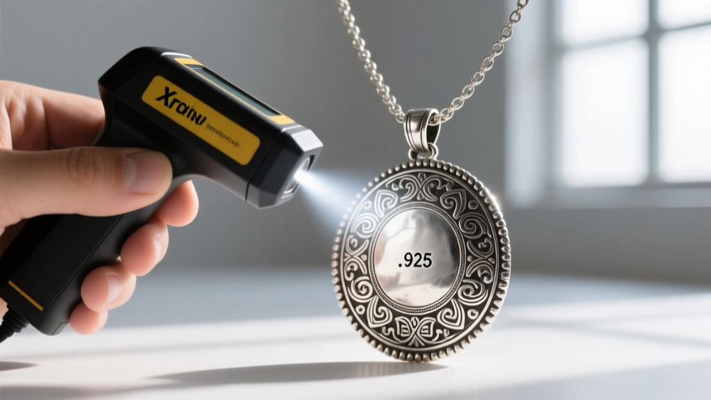 Handheld XRF precious metal analyzer scanning a vintage Mexican silver necklace pendant to verify its .925 purity hallmark stamp.