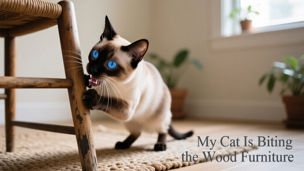 Siamese cat gently biting a wooden chair leg, with soft natural lighting