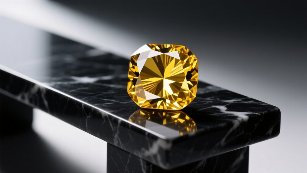 Macro view of a faceted yellow sapphire on a dark bench, illuminated to reveal internal rutile inclusions and vivid color zoning