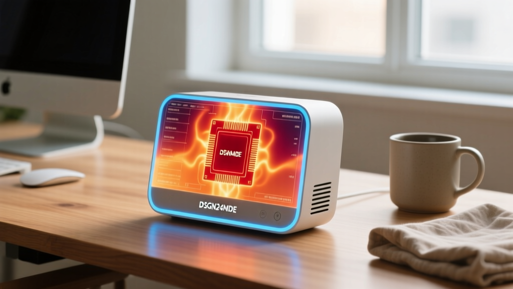 Thermal camera overlay displaying heat dissipation patterns on the DSGN24MDE smart ambient hub during an 8-hour work session.