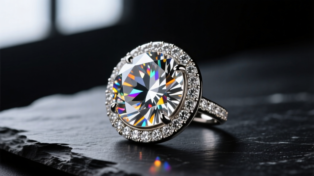 Side profile of a bezel-set designer diamond pendant on dark slate highlighting the light return and scintillation facets