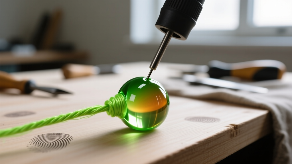 Macro shot of a thread zap tool melting the tip of neon green nylon cord to form a sealed bead, blurred workbench background.