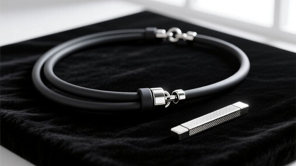 Flat lay of lariat necklace hardware: a silicone-lined toggle, a magnetic clasp, and a friction metal slide on dark velvet.
