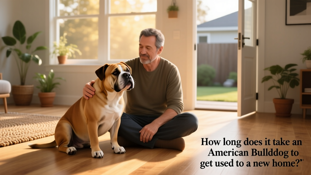 Owner sitting calmly on the floor beside a relaxed American Bulldog, offering gentle petting