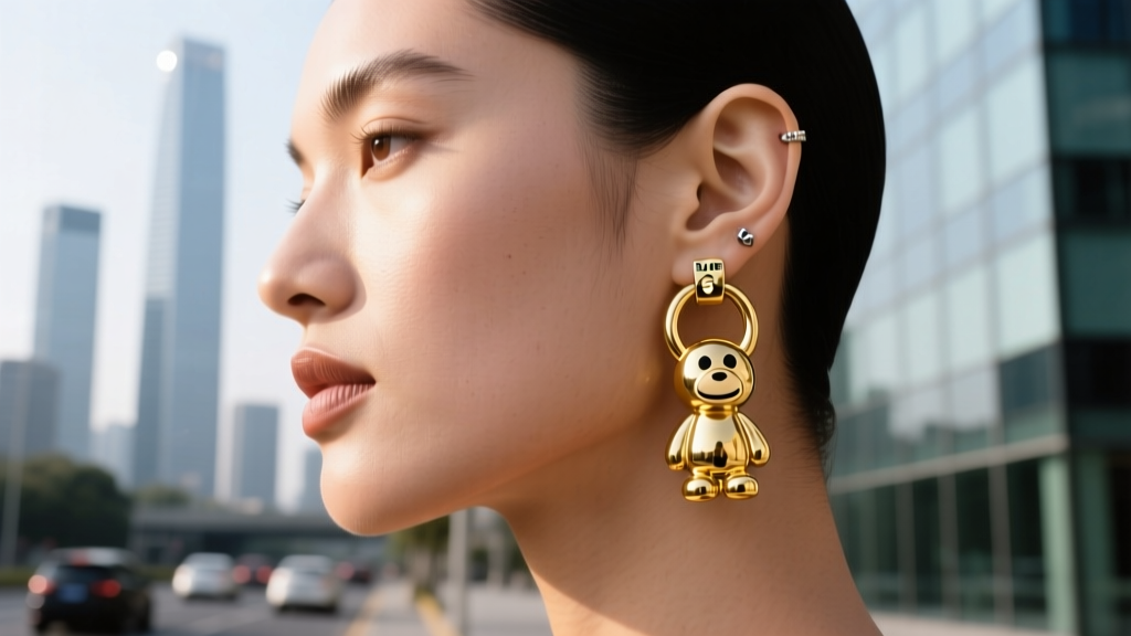 Profile of a model wearing a gold-plated BAPE Baby Milo huggie earring on a healed lobe piercing against a blurred urban backdrop.