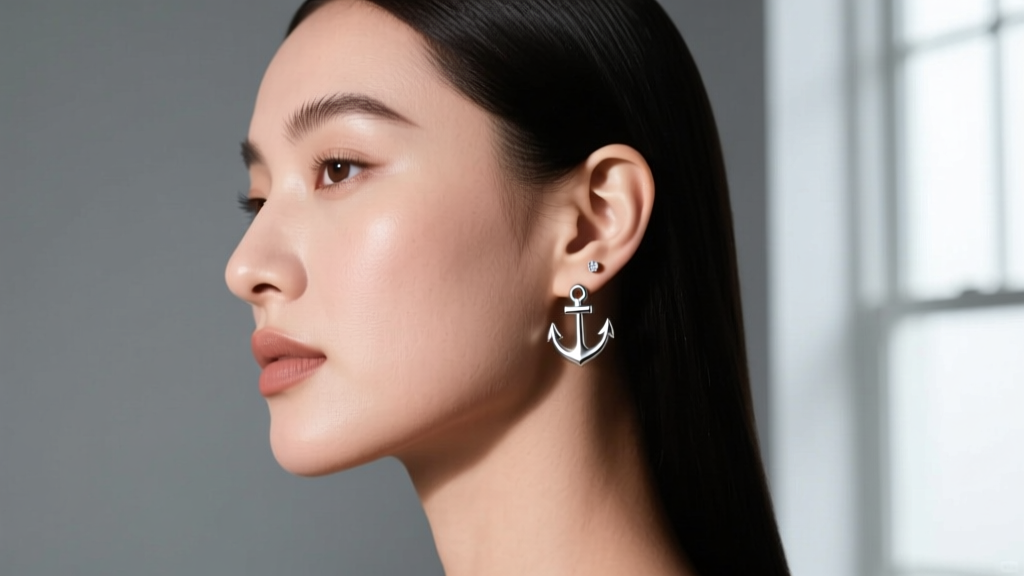 Side profile of a woman with a round face wearing minimalist anchor ear cuffs and small studs, studio lighting, neutral backdrop.