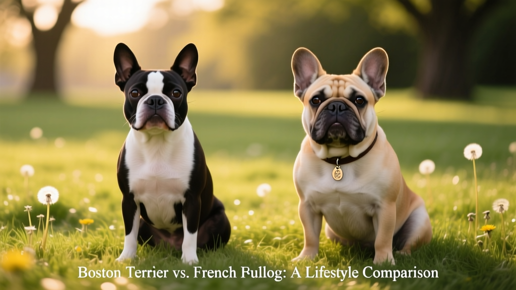 Side-by-side comparison of a Boston Terrier and a French Bulldog sitting calmly on grass
