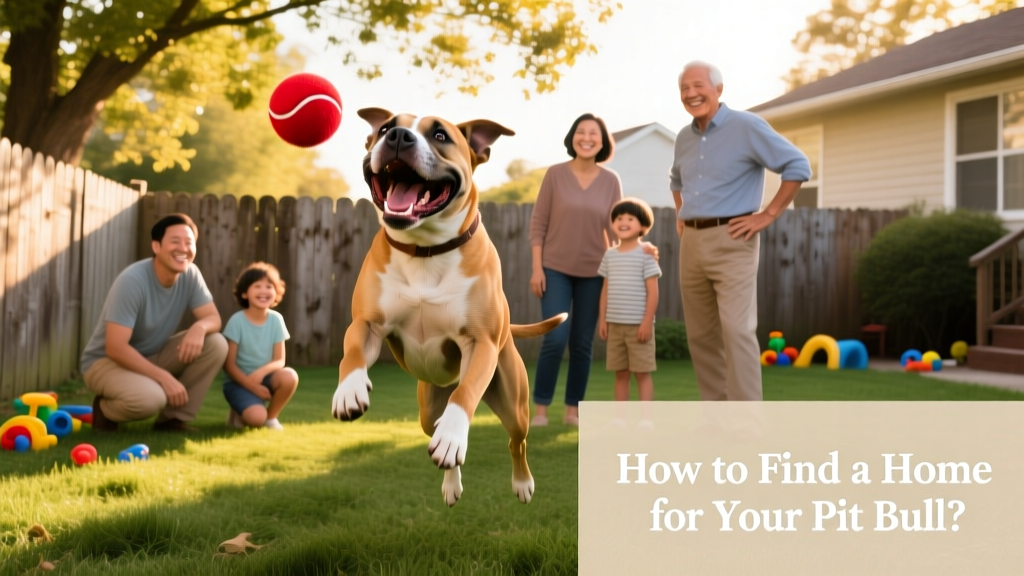 A joyful pit bull playing fetch in a fenced backyard with a diverse, smiling family