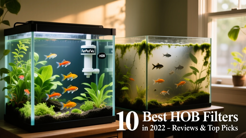 Two aquariums side-by-side: one with clear, vibrant water and healthy plants (using a FurPetVo HOB), and another with cloudy water and stressed fish (no filter shown)