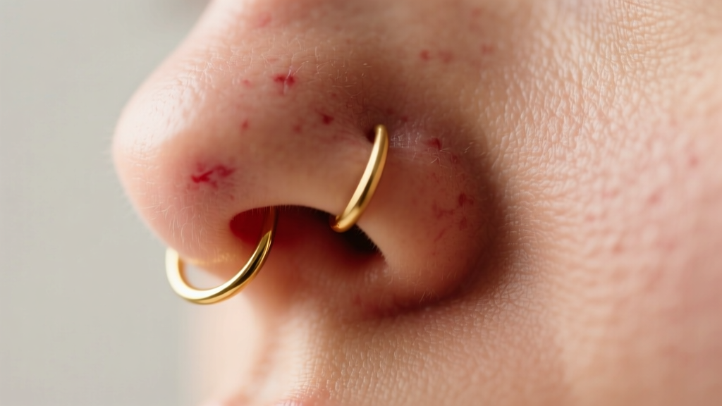 Close-up of a nostril piercing showing a thin 22-gauge gold earring wire causing slight redness and tissue irritation on the skin.