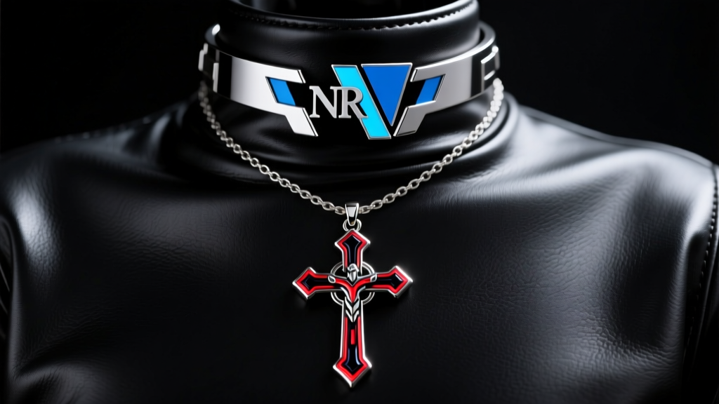 Layered anime jewelry with a NERV logo choker and a long Evangelion cross pendant resting on a black leather background