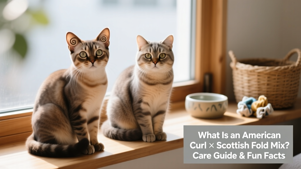 Side-by-side comparison of an American Curl and a Scottish Fold sitting calmly, highlighting their distinct ear shapes
