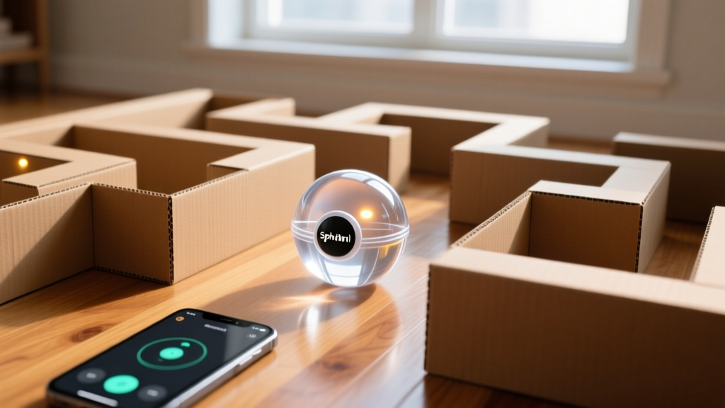 Sphero Mini clear polycarbonate smart ball navigating a cardboard maze on a hardwood floor controlled by a smartphone app