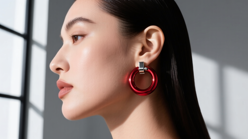 Side profile of a woman wearing an anodized crimson implant-grade titanium huggie earring with a secure clicker closure.