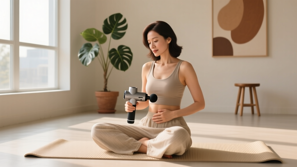 Woman holding a massage gun with a soft dampener attachment near her abdomen while sitting on a mat in a bright room