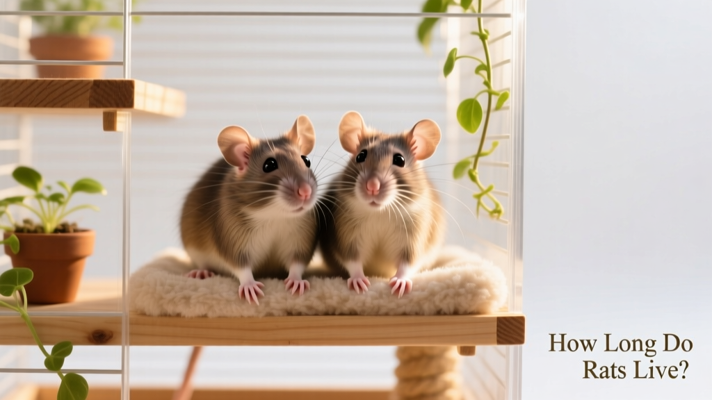 Two friendly, curious pet rats sitting side by side on a soft fleece-lined perch inside a clean, multi-level cage
