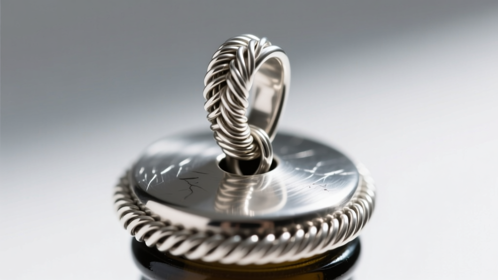 Macro shot of a wire-wrapped bail attached to a drilled hole on the rim of a steel bottle top necklace pendant