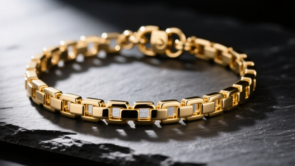 Macro shot of a 14k gold box chain ladies necklace on dark slate, showing square interlocking links and a secure lobster clasp