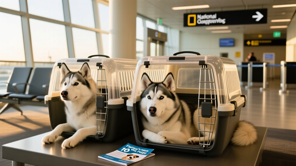 Two Huskies calmly resting in airline-approved travel crates at an airport pet services area