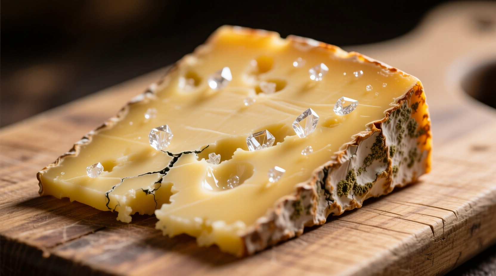 Slice of aged Gruyere cheese with visible crystals