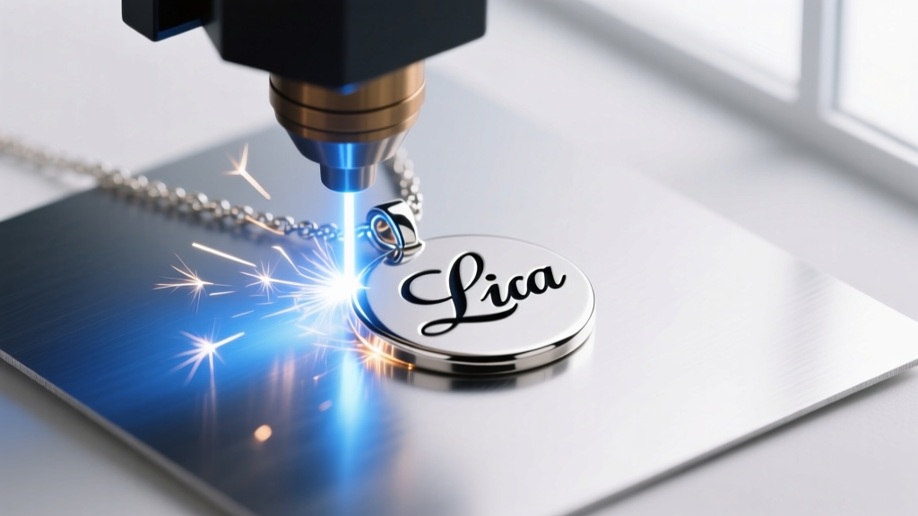 Macro photography of a fiber laser cutting a custom monogram necklace pendant from a sheet of 16-gauge sterling silver metal.