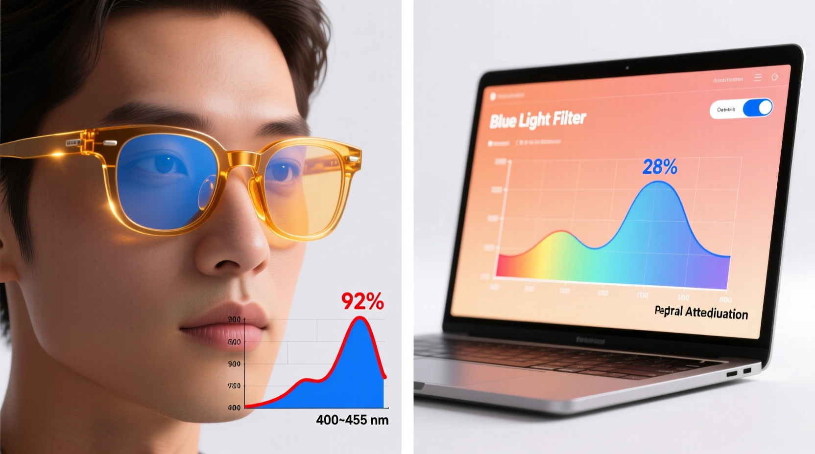 Side-by-side comparison showing amber-tinted blue light glasses on a person's face next to a laptop displaying a warm-toned software filter interface, with spectral graphs overlaying each indicating 92% vs 28% blue light attenuation in the 400–455 nm range