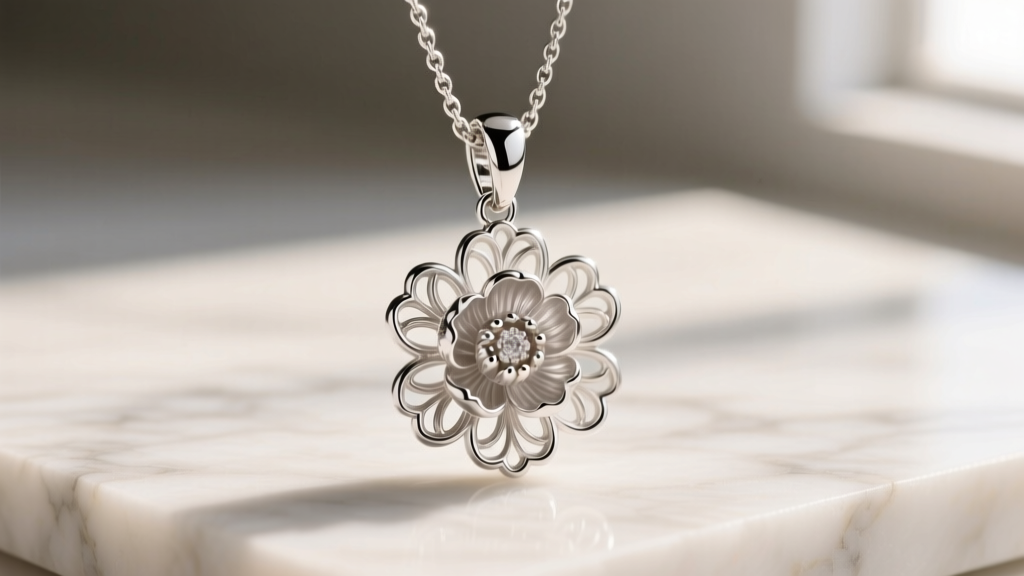 Sterling silver peony necklace chain and lobster clasp macro shot, showing bright rhodium plating and precise mechanism details.