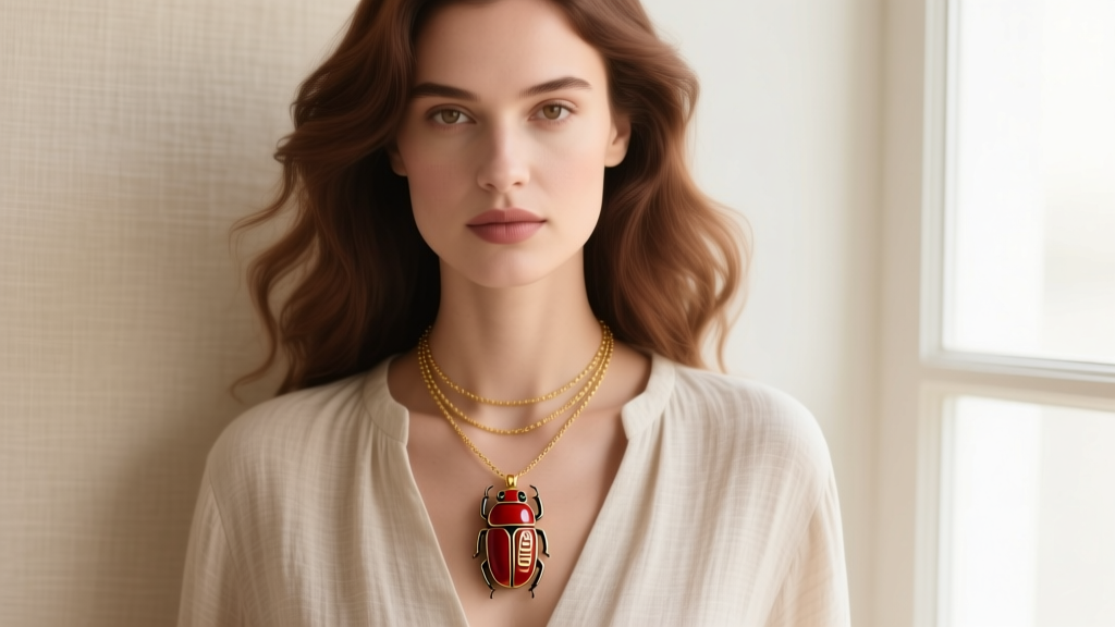 Woman wearing a layered necklace with a carnelian scarab beetle pendant on a delicate gold chain against a neutral linen blouse.