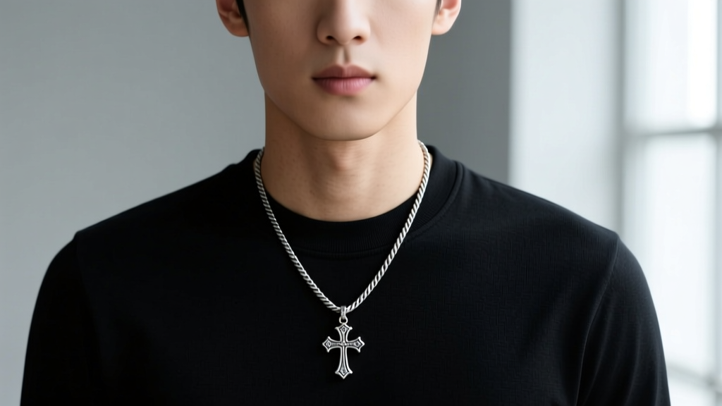Man wearing a 2.5mm stainless steel rope chain with a small silver Templar cross pendant over a black crewneck t-shirt.