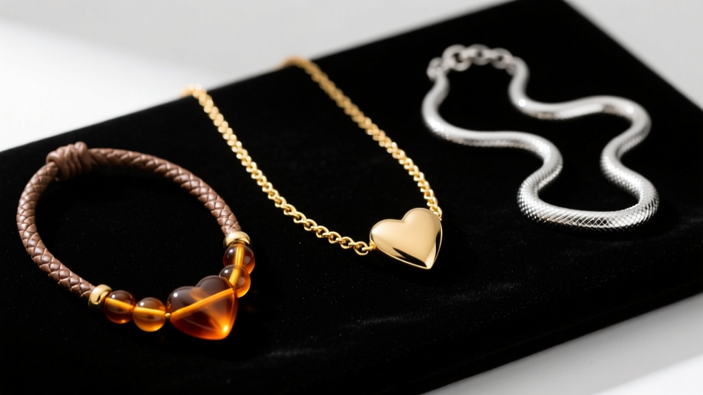 Three heart bead necklaces on dark velvet comparing a leather cord, a delicate gold cable chain, and a polished silver snake chain