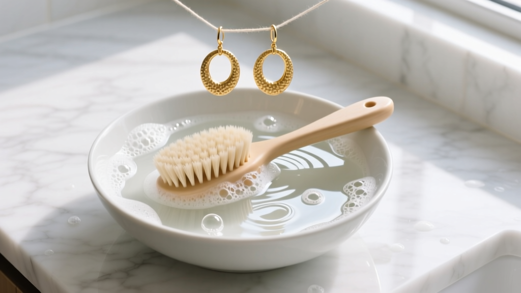 Top-down view of a bowl with soapy water, a soft brush, and textured gold hoop earrings being cleaned on a white marble countertop.
