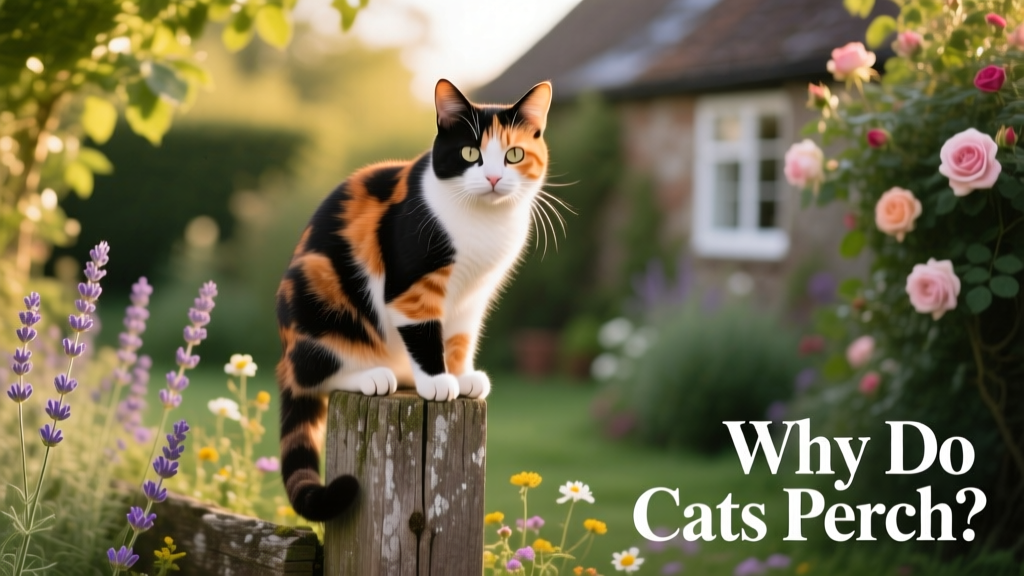 a calico cat perching on a wood post in a garden