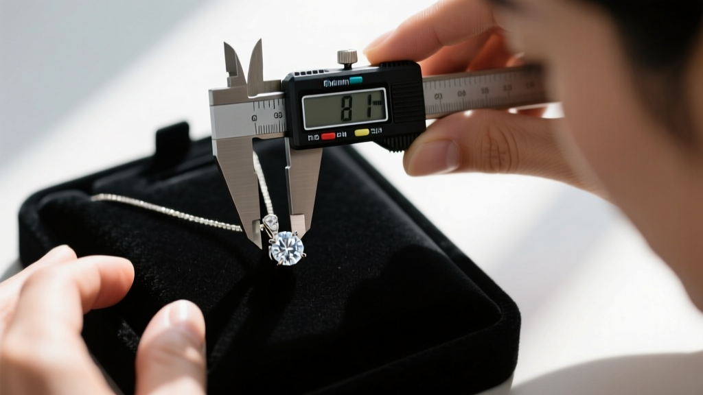 Close-up of a jeweler using digital calipers to measure the inner diameter of a hidden diamond pendant bail on a black velvet mat