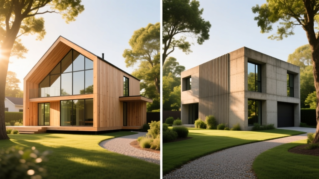 Split-view architectural visualization contrasting a modern light-frame timber home and a textured insulated concrete form residence in a lush suburban setting