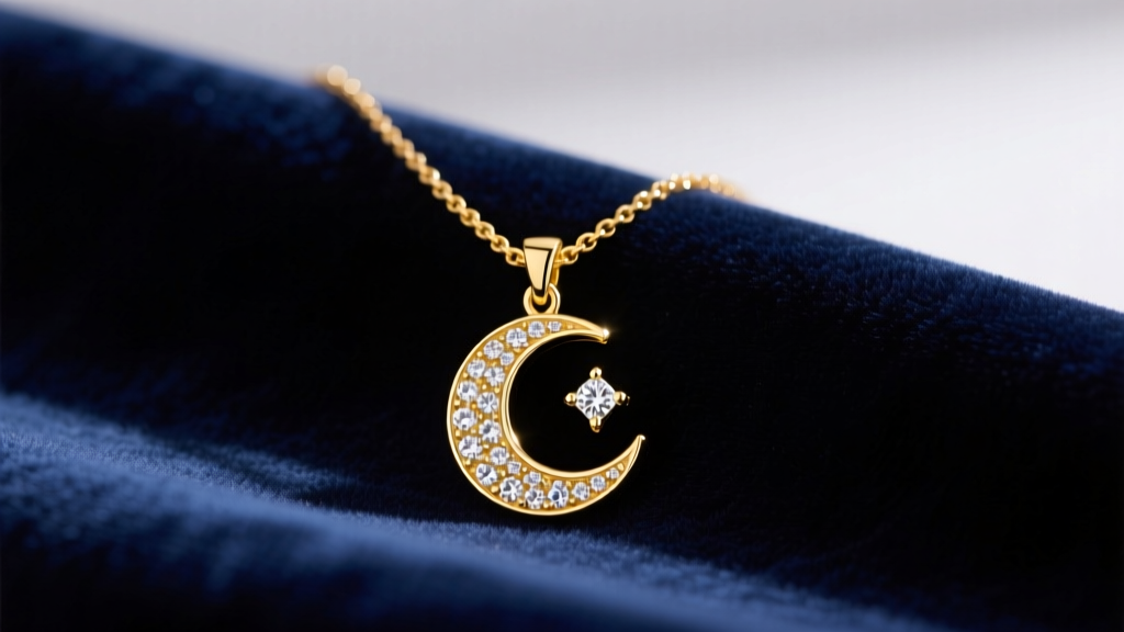 18k yellow gold designer charm necklace on navy velvet, showing a celestial moon motif with pavé diamonds under soft studio light.