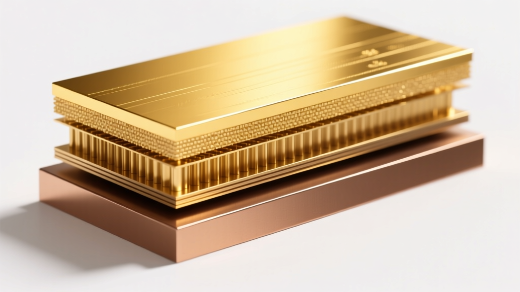 Cross-section diagram illustration showing a thick brass core layered with a thin 0.5-micron sheet of 18k yellow gold on top
