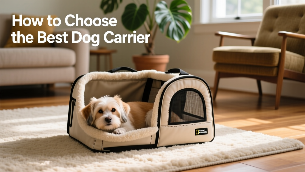 A calm, relaxed small dog resting inside a well-ventilated, soft-sided carrier placed on a living room rug