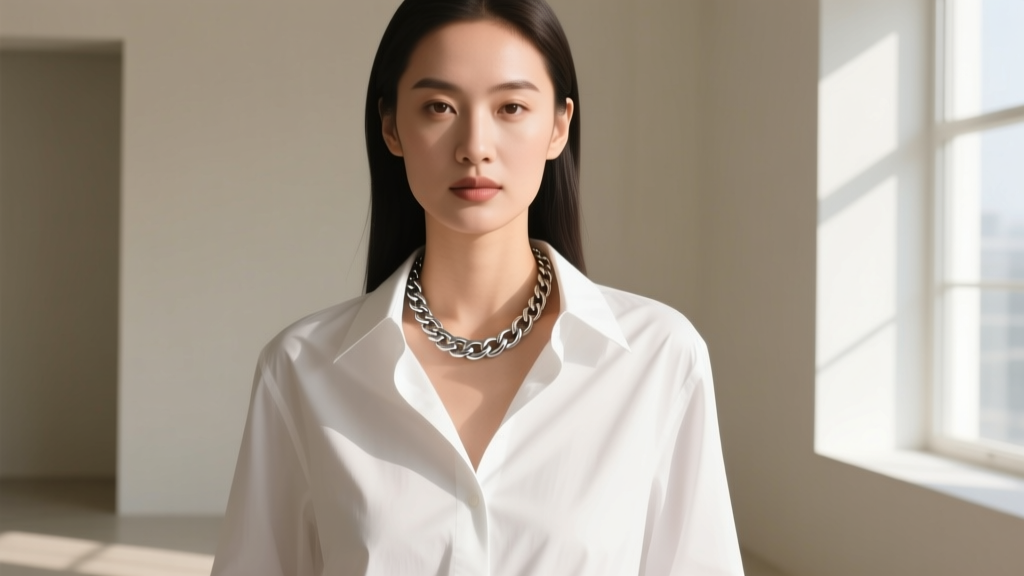 Woman wearing a white button-down shirt with a 20-inch stainless steel figaro chain tucked neatly inside the open collar