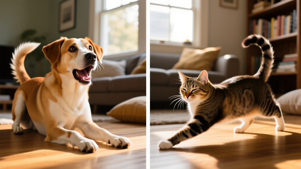 Side-by-side comparison showing a dog's relaxed vs. startled body language, and a cat's calm vs. defensive posture