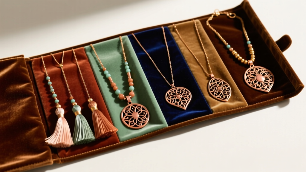 Open velvet jewelry roll displaying neatly separated long boho necklaces with silk tassels and copper pendants, top-down angle view
